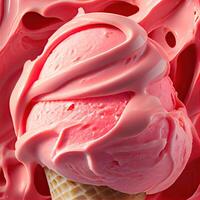 Strawberry Ice Cream Background Macro. Beautiful Ice-Cream Balls close up. strawberry ice cream scoop from the side view on textured ice cream background. photo