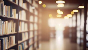 Abstract blurred public library interior space. blurry room with bookshelves by defocused effect. use for background or backdrop in Abstract blurred publicbusiness or education concepts. photo