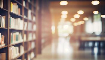 Abstract blurred public library interior space. blurry room with bookshelves by defocused effect. use for background or backdrop in Abstract blurred publicbusiness or education concepts. photo