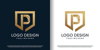 shield logo design with goden letter p concept premium vector