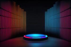 Modern empty arena, concrete cement tiles, black cercle plinth, neon light glowing background. photo