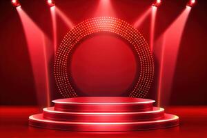 podium stage with stage lights podium stage with award ceremony on red background. photo