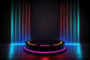 Modern empty arena, concrete cement tiles, black cercle plinth, neon light glowing background. photo