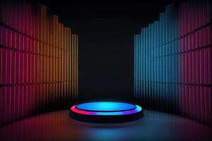 Modern empty arena, concrete cement tiles, black cercle plinth, neon light glowing background. photo