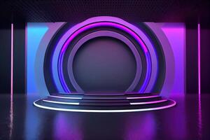 Circular stage with neon lights, abstract background. photo
