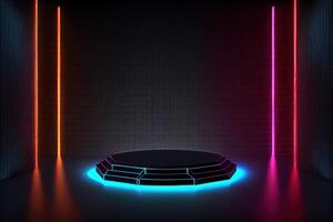 Black circle pedestal with multicolored neon dark background. photo