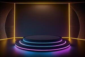 Modern empty arena, concrete cement tiles, black cercle plinth, neon light glowing background. photo