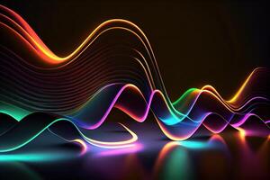 Abstract background of colorful neon wavy lines glowing in the dark. photo