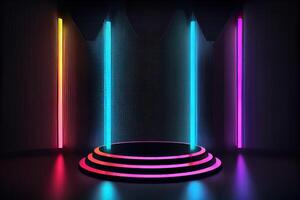 Black circle pedestal with multicolored neon dark background. photo