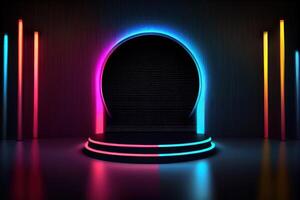 Modern empty arena, concrete cement tiles, black cercle plinth, neon light glowing background. photo