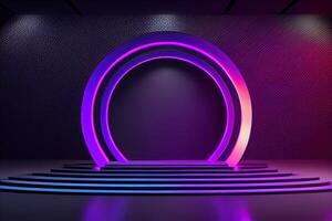 Circular stage with neon lights, abstract background. photo