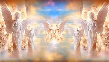 resumen panorámico antecedentes con celestial Dioses paisaje fondo de pantalla. ai generado foto