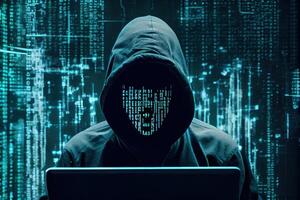 Hackers are hacking behind the matrix of computers. photo