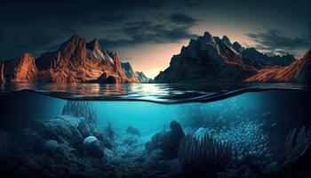 Abstract panorama background with mountains, underwater lights, landscape wallpaper. photo
