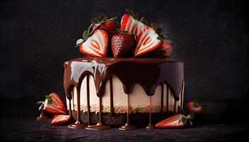 Chocolate cake with chocolate drips on a black background. Layered cake with milk, black and white chocolate souffle decorated with strawberries on top with copy space. photo