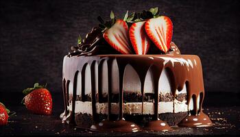 Chocolate cake with chocolate drips on a black background. Layered cake with milk, black and white chocolate souffle decorated with strawberries on top with copy space. photo