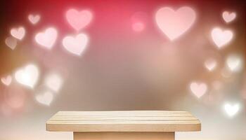 Empty podium on beautiful heart bokeh background. Valentines day concept mock up for design and product display. photo