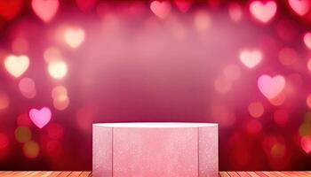Empty podium on beautiful heart bokeh background. Valentines day concept mock up for design and product display. photo