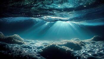 verano hora debajo mar Oceano en limpiar y claro agua con rayo de luz de sol desde superficie para antecedentes concepto diseño. generativo ai foto