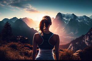 fitness girl stands at sunset in the mountains. sky running. a young girl walks along a mountain range at sunset. photo