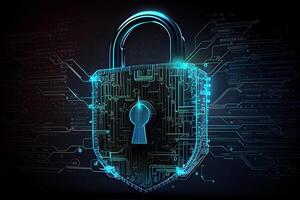 Padlock With Keyhole icon in personal data security Illustrates cyber data or information privacy idea. blue color abstract hi speed internet technology. photo