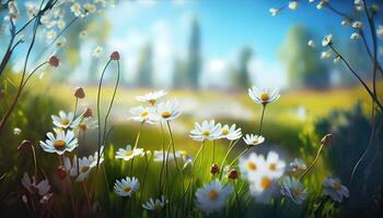 Chamomile flower field. Camomile in the nature. Field of camomiles at sunny day at nature. Camomile daisy flowers in summer day. Chamomile flowers field wide background in sun light. . photo