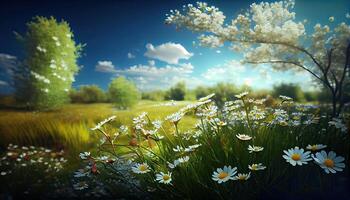 Chamomile flower field. Camomile in the nature. Field of camomiles at sunny day at nature. Camomile daisy flowers in summer day. Chamomile flowers field wide background in sun light. . photo