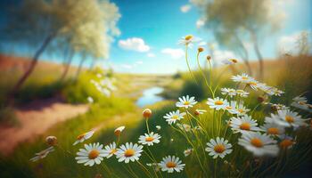 Chamomile flower field. Camomile in the nature. Field of camomiles at sunny day at nature. Camomile daisy flowers in summer day. Chamomile flowers field wide background in sun light. . photo
