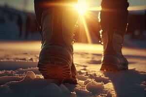 un del hombre pies en invierno cálido, cómodo Zapatos tomar un paso en un Nevado la carretera en el parque en un invierno caminar. un hombre en movimiento. generativo ai foto