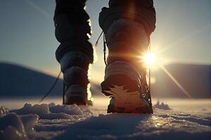 un del hombre pies en invierno cálido, cómodo Zapatos tomar un paso en un Nevado la carretera en el parque en un invierno caminar. un hombre en movimiento. generativo ai foto