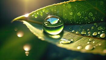 Large beautiful drops of transparent rain water on a green leaf macro. Drops of dew in the morning glow in the sun. Beautiful leaf texture in nature. Natural background. photo