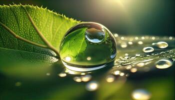 Large beautiful drops of transparent rain water on a green leaf macro. Drops of dew in the morning glow in the sun. Beautiful leaf texture in nature. Natural background. photo