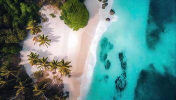 aéreo zumbido foto de olas estrellarse en el playa. parte superior ver aéreo zumbido Disparo de hermosa blanco arena playa con verde Coco arboles y cristal claro mar agua en verano. generativo ai