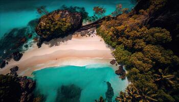 Aerial Drone Photo of waves crashing on the beach. Top view aerial drone shot of beautiful white sand beach with green coconut trees and crystal clear sea water in summer.