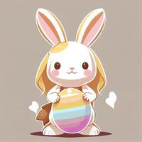 cartoon bunny holding an easter egg. Happy Easter greeting card vector illustration. Cute bunny holding easter egg. . photo