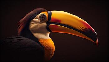 Close up on an orange and yellow bill toucan bird, perched on a tropic tree branch. photo