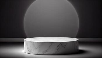Marble product display on black background with modern backdrops studio. Empty pedestal or podium platform. photo