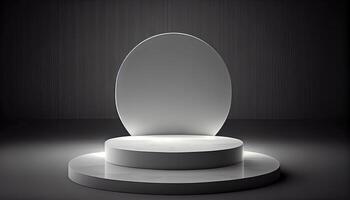 Marble product display on black background with modern backdrops studio. Empty pedestal or podium platform. photo