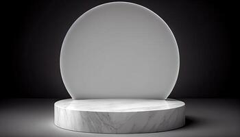 Marble product display on black background with modern backdrops studio. Empty pedestal or podium platform. photo