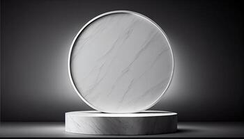 Marble product display on black background with modern backdrops studio. Empty pedestal or podium platform. photo