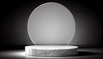 Marble product display on black background with modern backdrops studio. Empty pedestal or podium platform. photo