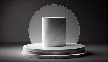 Marble product display on black background with modern backdrops studio. Empty pedestal or podium platform. photo