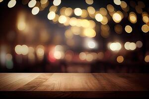 image of wooden table in front of abstract blurred background of resturant lights. Wood table top on blur of lighting in night cafe,restaurant background. selective focus. photo