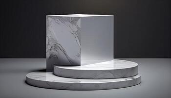 Marble product display on black background with modern backdrops studio. Empty pedestal or podium platform. photo