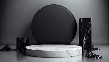 Marble product display on black background with modern backdrops studio. Empty pedestal or podium platform. photo