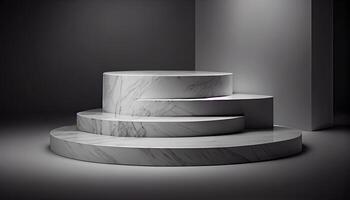 Marble product display on black background with modern backdrops studio. Empty pedestal or podium platform. photo