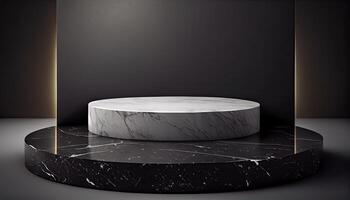 Marble product display on black background with modern backdrops studio. Empty pedestal or podium platform. photo