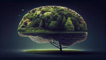 Conceptual image of green tree shaped like brain. Tree shaped like a human brain. photo