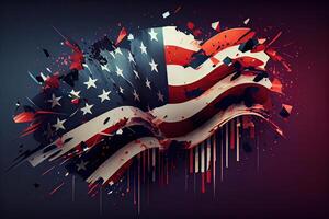 American USA waving flag in watercolor painting on black background. Watercolor painting flag of America. photo