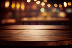 image of wooden table in front of abstract blurred background of resturant lights. Wood table top on blur of lighting in night cafe,restaurant background.selective focus. photo